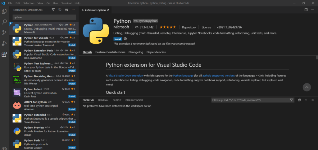 Extensão Python para Visual Studio Code